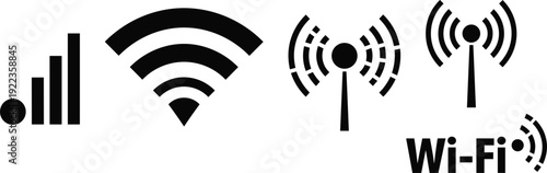 Black and white icons representing signal strength, Wi- Fi, and wireless transmission Keywords: signal, strength, bars, Wi- Fi