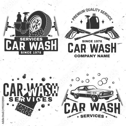 Set of Car wash logo, emblems, badges and icons. Vector. Template for car wash sticker, patch, cleaning car, washing and service with cleaning equipment. Car cleaning, washing and design service