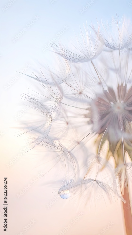 Fototapeta premium Macro photograph of a soft, ethereal dandelion seed head with a single dewdrop against a pale background.