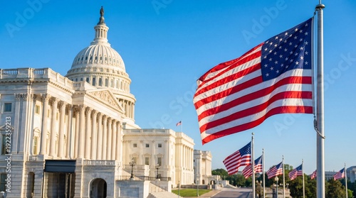 US Capitol Building with American Flags Waving on a Clear Day