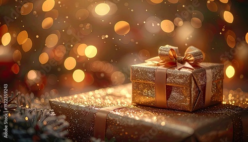 Sparkling golden gift boxes are set against a warm, bokeh background of festive lights.