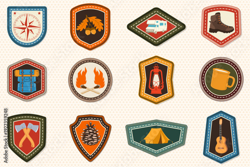Set of Scout badge with compass, camping mug, pine cone, travel backpack, crossed axes. Vector. Merit patch, sticker for camping outdoor and academic activities