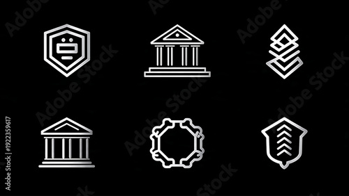 A comprehensive collection of sleek, minimalist outline icons representing institutional pillars, financial services, robust security, and industrial progress, set against a dark background