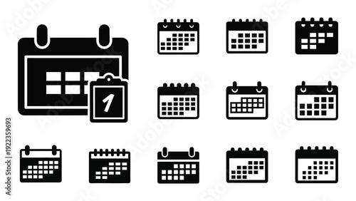A collection of various calendar icons in black and white isolated on white background, Vector