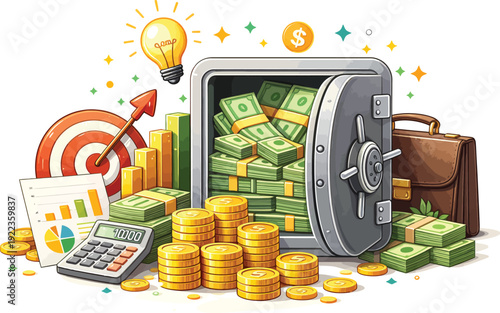 Secure vault with financial tools and wealth symbols for investment opportunities