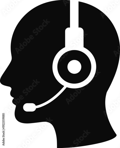 Black silhouette profile of a person wearing a professional headset for customer service support, telemarketing, call center agent, and online communication concepts on white.