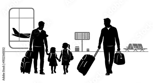 Silhouettes of family and man with luggage at airport terminal