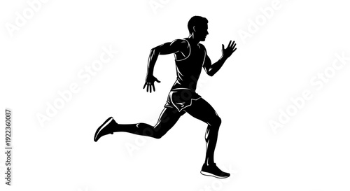 Man running in dynamic motion with athletic build and focused expression