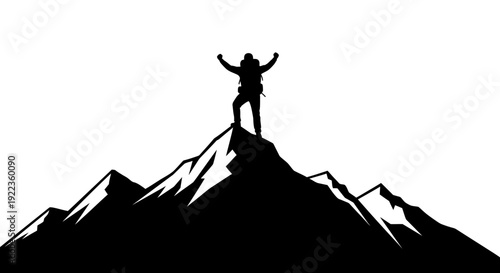 Triumphant hiker celebrating success on mountain peak with arms raised