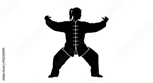 Martial arts silhouette of a woman in a powerful kung fu stance
