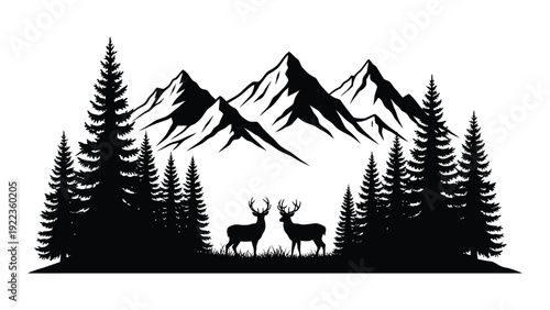 A black silhouette of deer and mountains isolated on white background, Vector