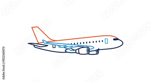 Simple line drawing depicts a commercial passenger airplane in flight