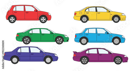 Colorful illustration of six different sedan and hatchback car models