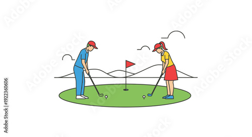 Two golfers preparing to putt on a green with a flagstick