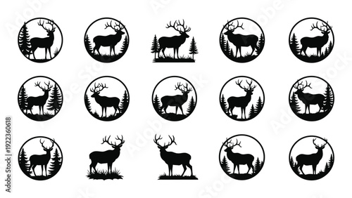 A collection of 14 black and white deer icons isolated on white background, Vector