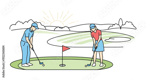 Two golfers preparing to putt on a sunny green golf course