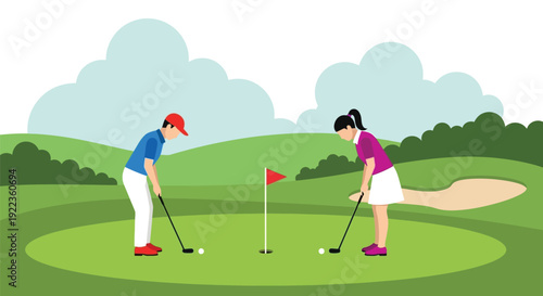 Two golfers preparing to putt on a green golf course