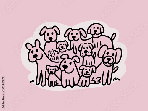 A playful group of cartoon dogs are clustered together in a charming hand drawn style illustration
