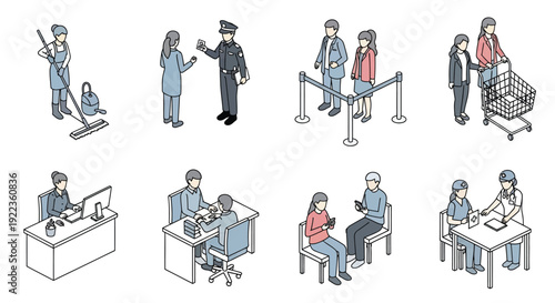 Isometric illustrations depicting various people in professional and public settings