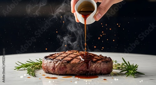 Chef's hand pours savory brown sauce over a perfectly grilled steak garnished with rosemary sprigs and sea salt.