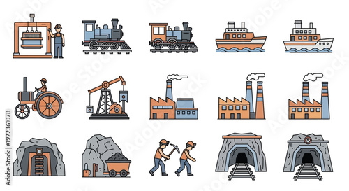 Industrial icons depicting various modes of transport and resource extraction
