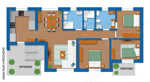 Overhead view of a modern house floor plan with multiple rooms