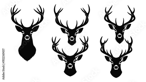 Four deer heads with antlers in black silhouette isolated on white background, Vector