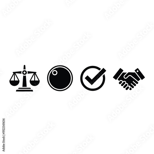 Four black icons representing law, approval, and partnership on white background