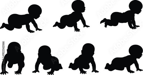 Set of crawling baby silhouettes isolated on white background, infant movement stages collection, cute toddler crawling poses, child development concept illustration for parenting and childcare design