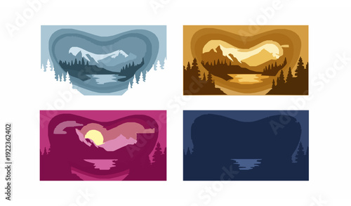 Paper Cut Mountain and Lake Scenes Day Evening Dusk Night Vector Art Set