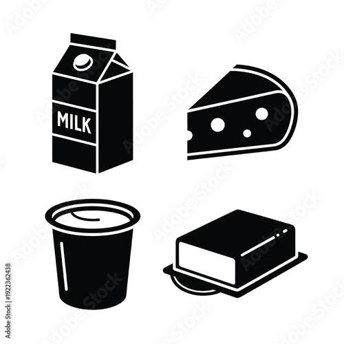 Illustration shows a milk carton cheese butter and drink in a cup on a table indoors.