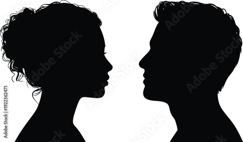 Side profile silhouette of a young romantic couple facing each other in black and white minimalist style for relationship wedding and dating concept