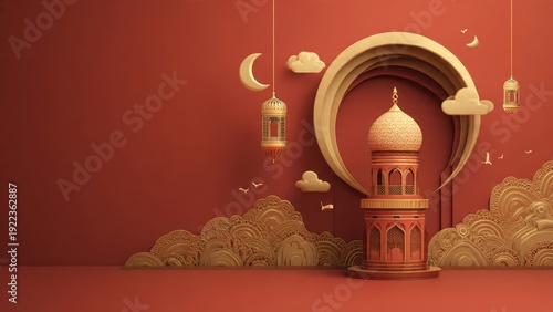Elegant Ramadan Kareem Background: 3D Render of Mosque Minaret, Golden Crescent Moon, Lanterns, and Clouds on a Deep Red Backdrop. Islamic Holiday Celebration Banner with Copy Space.