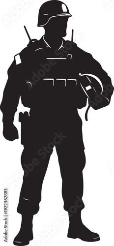Army soldier standing in uniform silhouette vector illustration with gear for infantryman