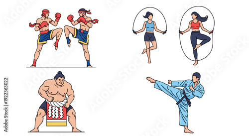 Dynamic fitness and martial arts collection featuring kickboxing matches, rope skipping, sumo wrestling, and karate techniques.