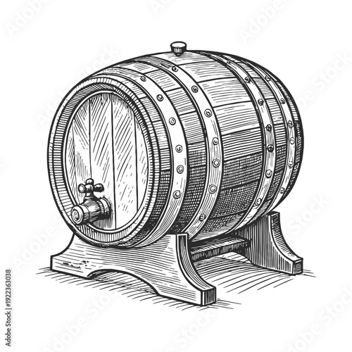 Vintage engraved wooden wine barrel with tap on stand. Hand drawn black and white vector illustration in detailed retro line art style.