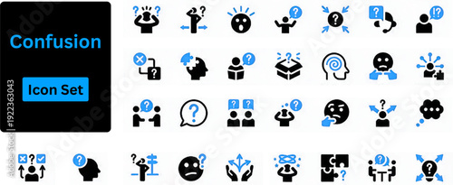 Confusion solid icon set. Mental health and psychology solid icon set. Vector symbols for stress, anxiety, depression, therapy, counseling, treatment, and support. Solid icons set. 