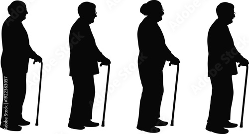 Silhouette of elderly men and women with walking cane standing in profile, senior citizens mobility concept, aging population healthcare support isolated on white background