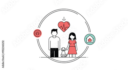 Heartwarming family portrait with a pet dog surrounded by icons representing health, home, and outdoor sunshine within a circle.