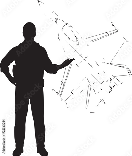 Silhouette of soldier pointing to broken glass illustration vector art line art