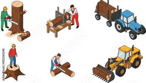 Isometric Wood Cutting and Logging Process Vector Illustration with Workers, Machinery and Timber Transportation Isolated on White Background