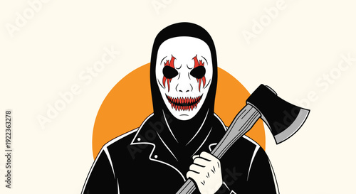 Menacing figure wearing a creepy white mask with red accents and a black hoodie holding a sharp axe for a horror theme.