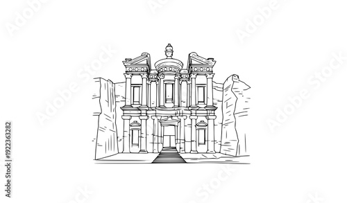Elegant Petra Monastery line art vector illustration for historical and travel themed designs