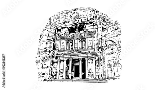 Minimalist line art vector illustration of Petra Treasury with detailed architectural elements for travel and history design