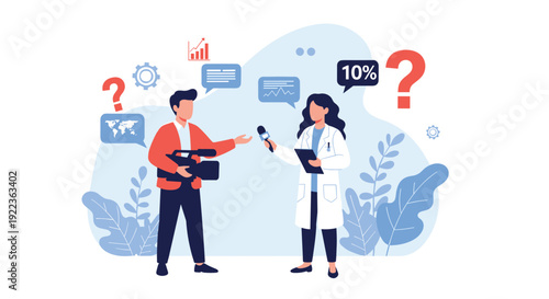 News reporter with a camera interviewing a female doctor in a lab coat about medical health and scientific updates.