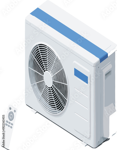 Isometric outdoor air conditioner condenser unit with remote control, modern HVAC cooling system vector illustration for home and commercial use