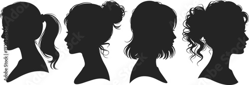 Silhouette profiles of women with diverse hairstyles ponytail bun bob and curly hair vector illustration isolated on white background beauty and fashion concept