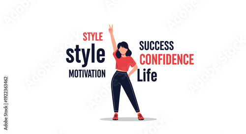 Confident young woman standing with raised hand surrounded by motivational words like success, style, and confidence.