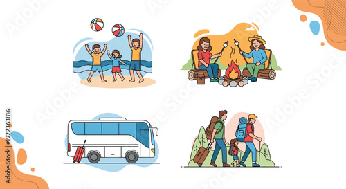 Four illustrations of leisure activities including beach games, camping by the fire, bus travel, and mountain hiking.
