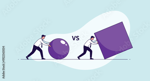 Comparison illustration of two men pushing a heavy object where one pushes a sphere and the other a difficult cube.